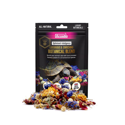 Arcadia reptile botanical blend food featuring a mix of colorful dried flowers for enriching pet diets