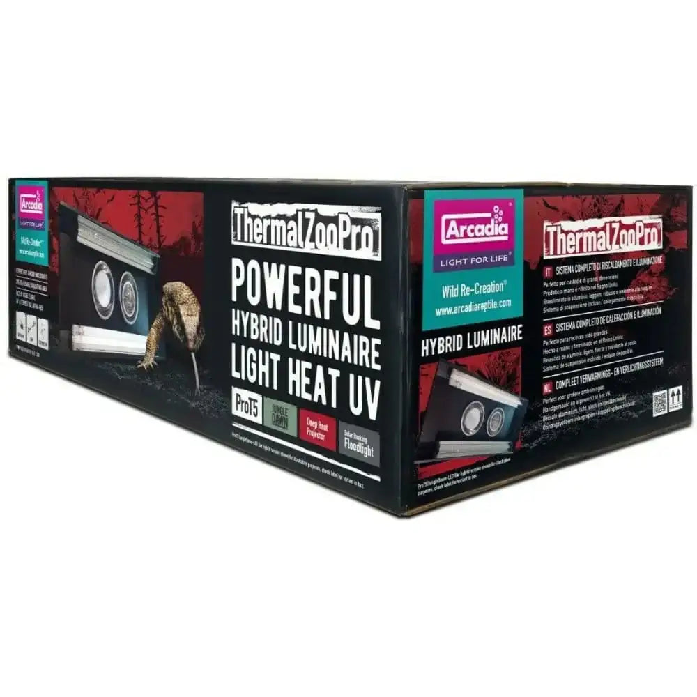 Packaging of the Arcadia ThermalZooPro LED Lighting Heating Luminaire with details on light and heat capabilities