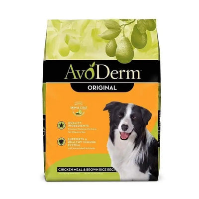 AvoDerm chicken meal and brown rice dog food bag featuring a black and white dog for healthy nutrition