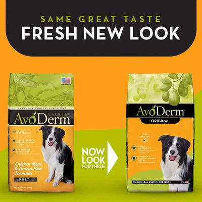 AvoDerm chicken meal and brown rice dog food bags showcasing new packaging design and natural ingredients