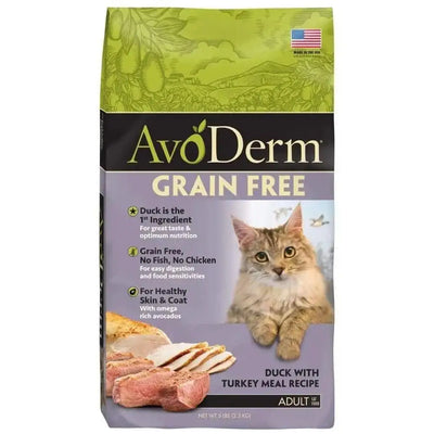 AvoDerm dry cat food Duck with Turkey Meal Recipe in a grain-free formula for healthy skin and coat