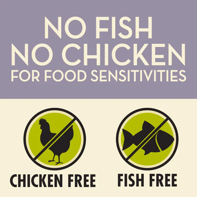 AvoDerm dry cat food packaging highlighting chicken free and fish free options for sensitive cats