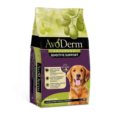 AvoDerm Grain Free LID Revolving Menu Lamb & Sweet Potato Dry Dog Food features a smiling golden retriever and avocado images on its packaging, highlighting benefits for sensitive skin and digestion.
