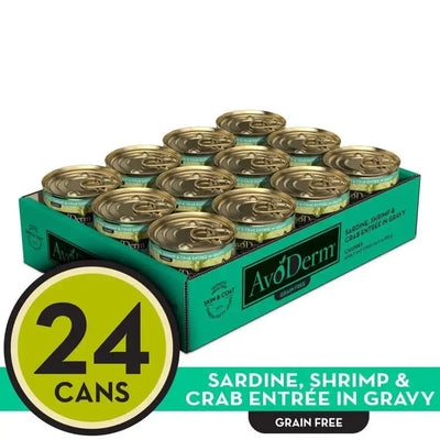 AvoDerm Grain Free Sardine, Shrimp & Crab Entree in Gravy Canned Cat Food 24-pack (3oz cans) features premium avocado nutrition in an open green box with gold lids, labeled “24 cans” and “grain free” for your cat’s quality diet.