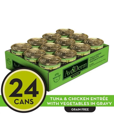 AvoDerm Grain Free Tuna & Chicken w/ Vegetables in Gravy Canned Cat Food 24/3oz features neatly arranged cans in green and gold packaging.