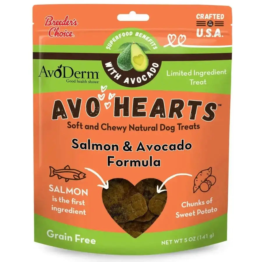 AvoDerm Natural AvoHearts Natural Dog Treats 5 oz by AvoDerm are soft, chewy, grain-free snacks with salmon as the first ingredient and sweet potato chunks. The packaging highlights superfood and limited ingredient benefits.