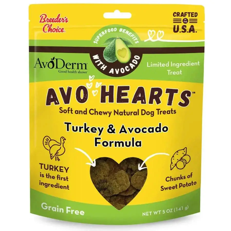 AvoDerm Natural AvoHearts Natural Dog Treats 5 oz, from AvoDerm, comes in a yellow pouch. These soft, chewy treats feature turkey as the first ingredient, sweet potato chunks, and are labeled grain-free.
