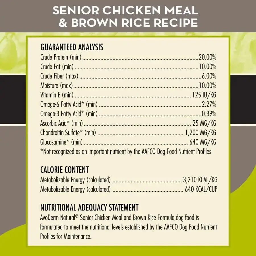 The guaranteed analysis, calorie content, and nutritional adequacy statement for AvoDerm Natural Chicken Meal & Brown Rice Senior Dry Dog Food are shown on a green and gray panel to support healthy joints in senior dogs.