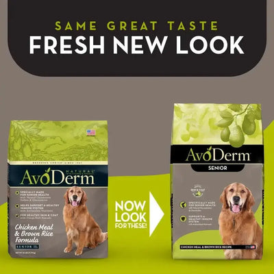Two AvoDerm Natural Chicken Meal & Brown Rice Senior Dry Dog Food bags are shown: old packaging on the left, new avocado-themed design on the right. Both are formulated for senior dogs and support healthy joints.