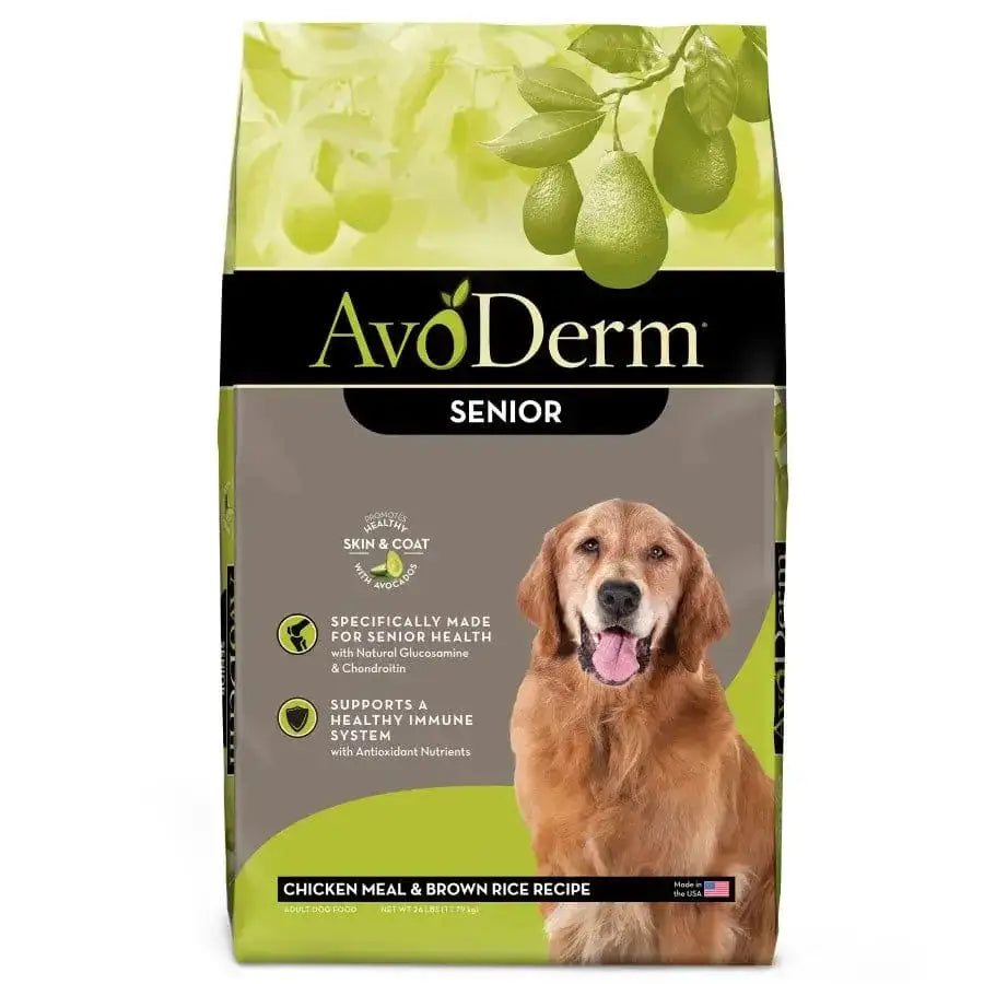 AvoDerm Natural Chicken Meal & Brown Rice Senior Dry Dog Food, by AvoDerm, comes in a green and brown bag featuring avocados and a golden retriever, formulated to support healthy joints in senior dogs.
