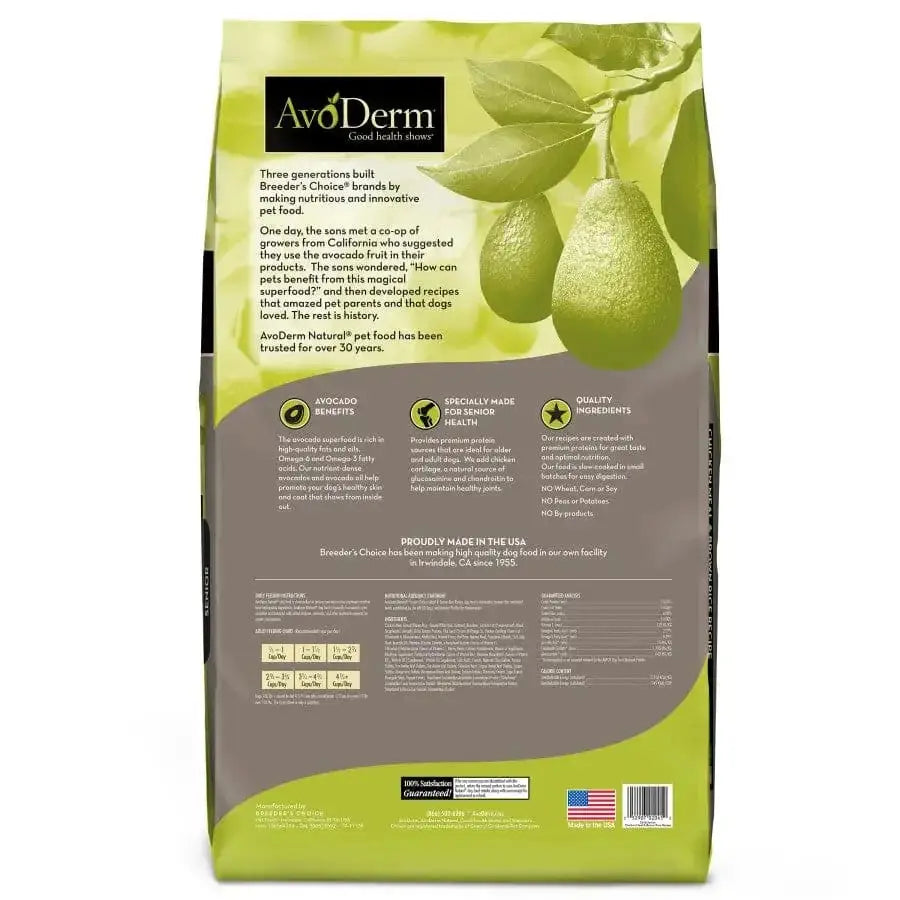 Back of an AvoDerm Natural Chicken Meal & Brown Rice Senior Dry Dog Food bag shows avocados and leaves, highlights avocado benefits for joints, quality chicken meal and brown rice, made in the USA, brand story, nutrition facts, and a barcode.
