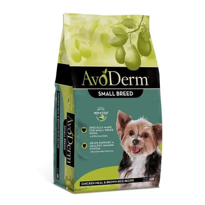 AvoDerm Natural Chicken Meal & Brown Rice - Small Breed Dry Dog Food, featuring a small dog and avocados, is specially formulated by AvoDerm for small breeds to support healthy skin, coat, and immune system.