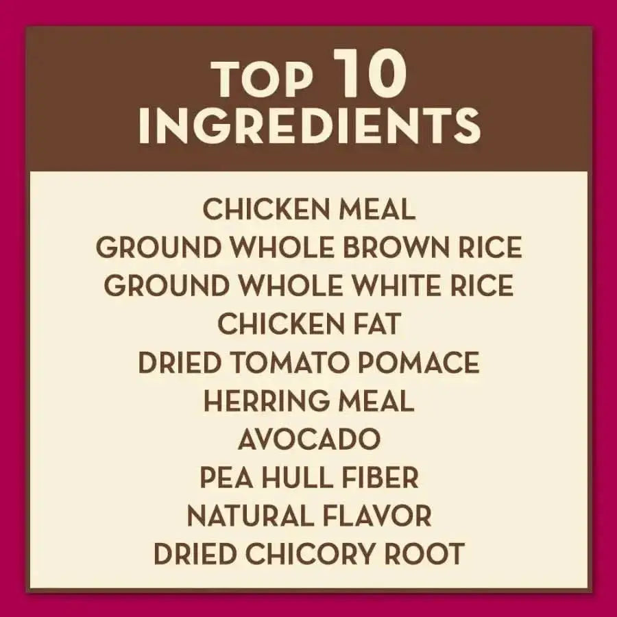 A chart titled “Top 10 Ingredients” highlights key components in AvoDerm Natural Indoor Formula Adult Dry Cat Food by AvoDerm, like chicken meal and herring meal, formulated to support healthy skin and coat for indoor cats.