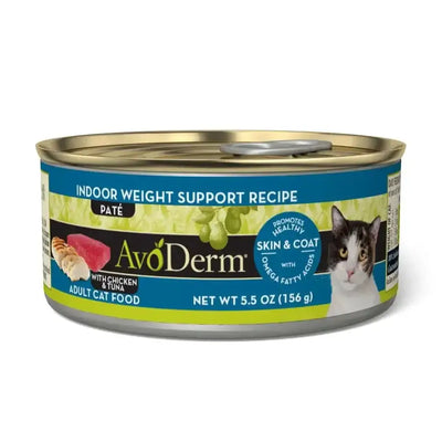 A 5.5 oz (156g) can of AvoDerm Natural Indoor Weight Support Recipe Wet Cat Food, featuring chicken and tuna. Promotes skin and coat health with omega fatty acids. Label shows a photo of a cat and food.