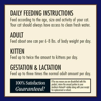 AvoDerm Natural Ocean Fish Formula Wet Cat Food feeding sign lists adult, kitten, and gestating/lactating portions. It reminds to provide fresh water and highlights AvoDerms 100% satisfaction guarantee at the bottom.