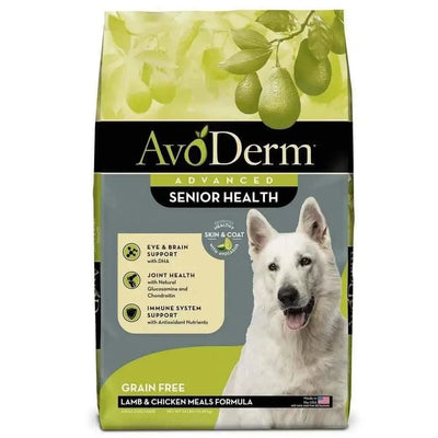 AvoDerm Senior Health Grain Free Lamb Meal Formula Dry Dog Food features a white dog and avocados on the packaging, highlighting eye, brain, joint, and immune benefits for senior dogs.