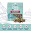 An upright bag of Icelandic+ Land & Sea Cod Skin & Freeze-Dried Beef Dog Treats (2.4 oz) is shown with treats spilled in front, highlighting wild-caught cod skin, freeze-dried beef liver, omega-3s, high protein, and just two ingredients.