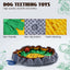The Nocciola Snuffle Mat and Toy Set for Dogs features a round toy with green, yellow, and gray textured fabric for mental stimulation, interactive play, a non-slip bottom, skin-friendly materials, easy cleaning, and can be used as a snuffle mat.