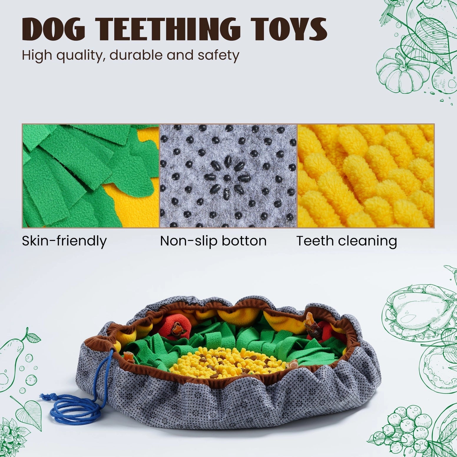 The Nocciola Snuffle Mat and Toy Set for Dogs features a round toy with green, yellow, and gray textured fabric for mental stimulation, interactive play, a non-slip bottom, skin-friendly materials, easy cleaning, and can be used as a snuffle mat.