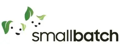 Small batch logo featuring three green leaf-shaped characters with smiling faces.