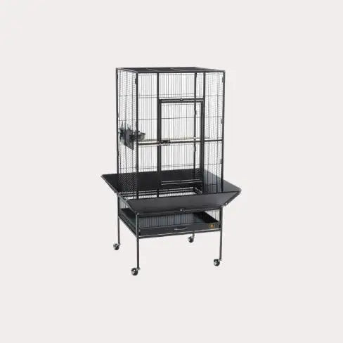 Black metal bird cage with sliding door and wheeled base