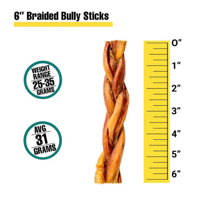 6 inch braided bully sticks for dogs with an average weight of 31 grams each