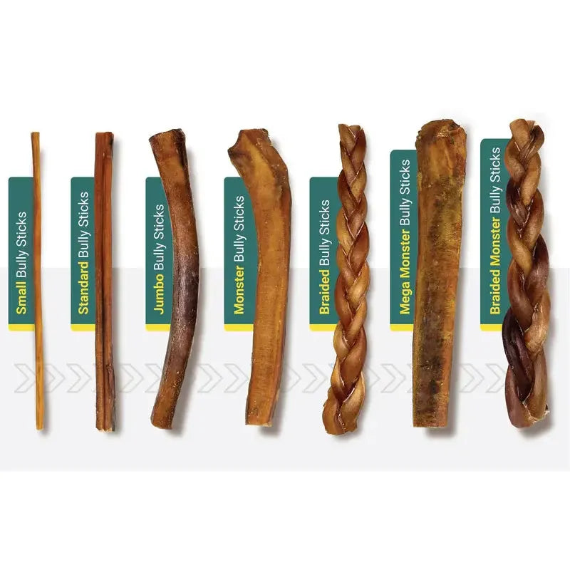 Talis Us braided bully sticks for dogs in various sizes including small, standard, jumbo, and monster
