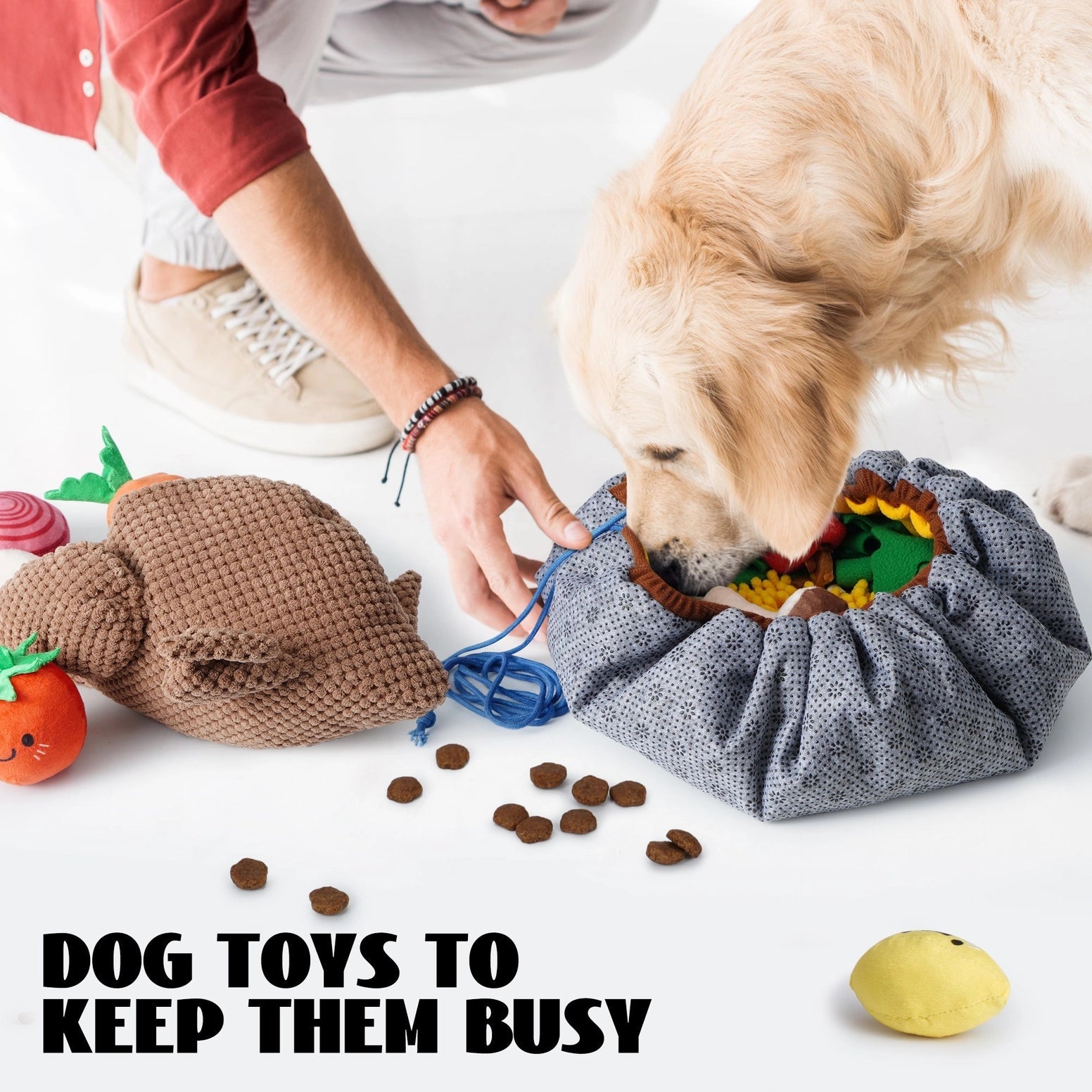 A golden retriever enjoys treats from the Nocciola Snuffle Mat and Toy Set for Dogs—an engaging bundle designed for mental stimulation and interactive play. A person kneels close, surrounded by colorful Nocciola dog toys.