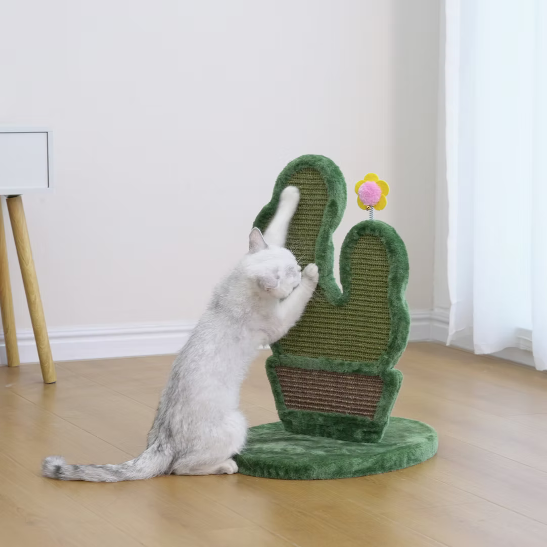 Cactus cat scratching post from PetPals Group with textured scratching surface and colorful flower detail