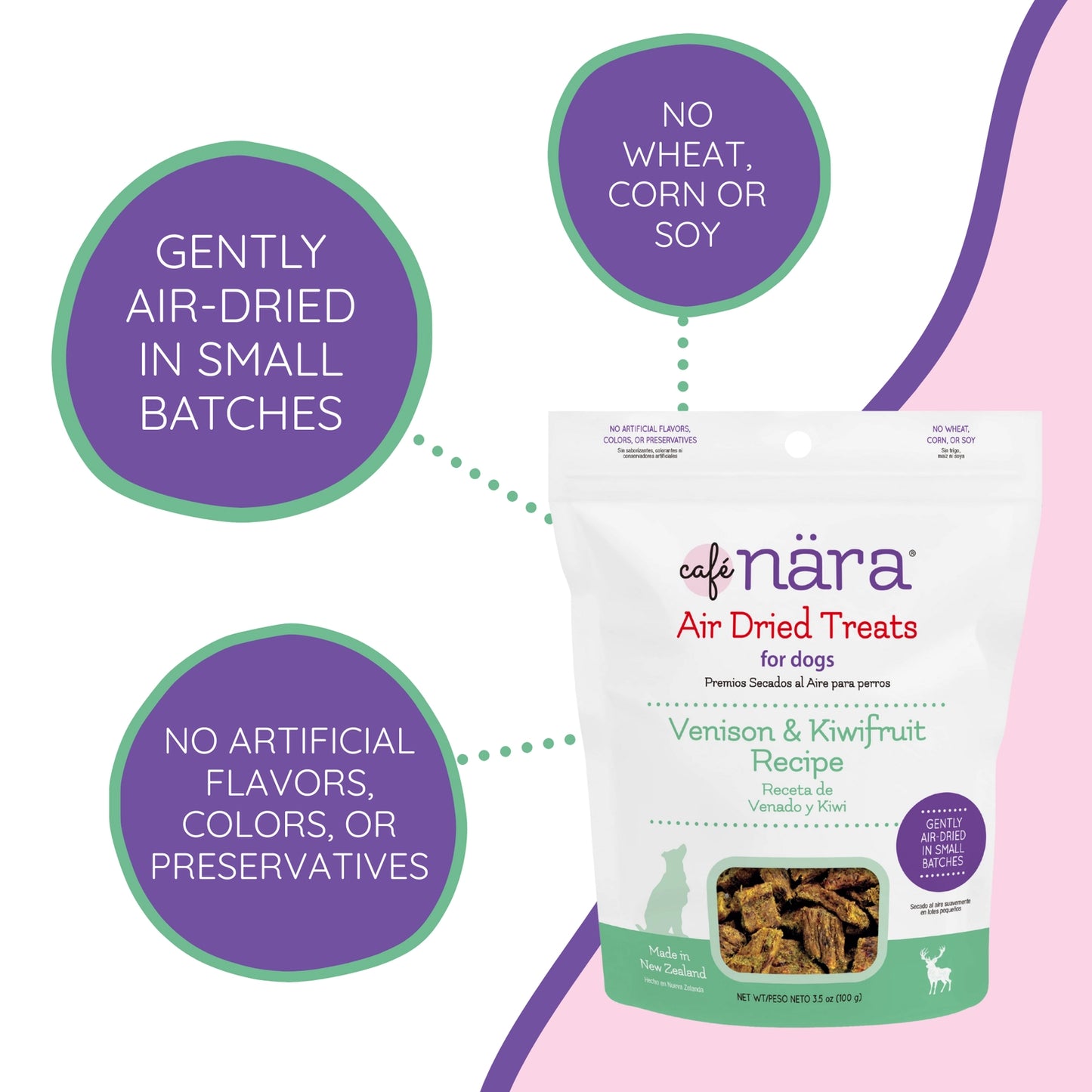 Caru Pet Food Air Dried Venison and Kiwifruit Dog Treats in a resealable bag with health benefits