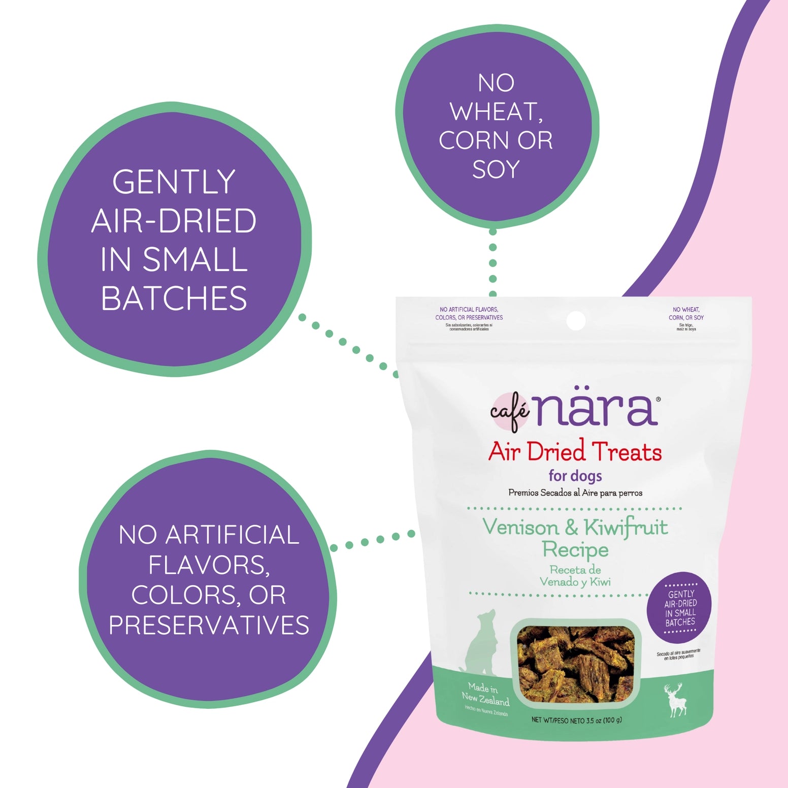 Caru Pet Food Air Dried Venison and Kiwifruit Dog Treats in a resealable bag with health benefits