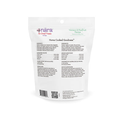 Caru Pet Food Venison and Kiwifruit dog treats package showcasing ingredients and nutritional information