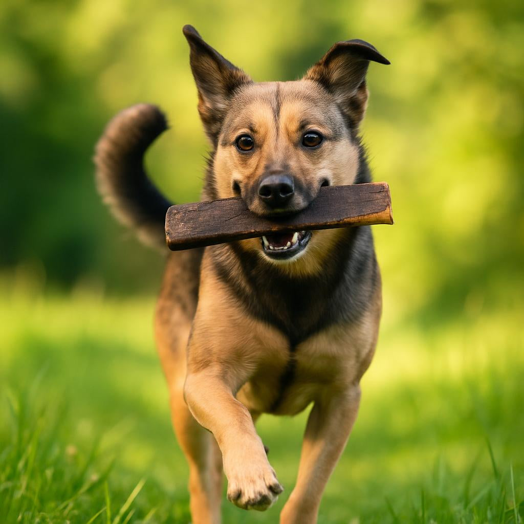 Happy dog running outdoors with camel skin dog chews in its mouth, showcasing a healthy treat option