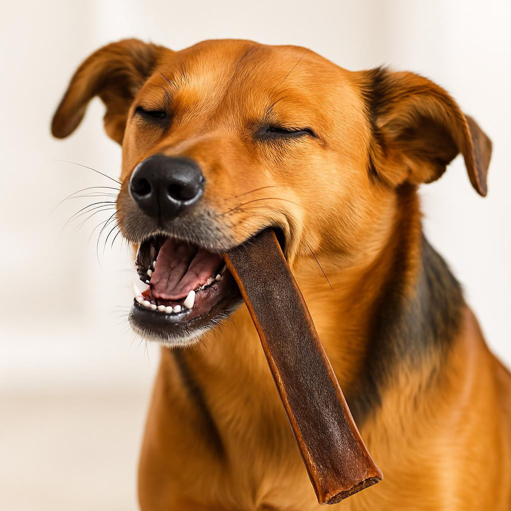 Happy dog enjoying camel skin dog chews for healthy chewing and dental care
