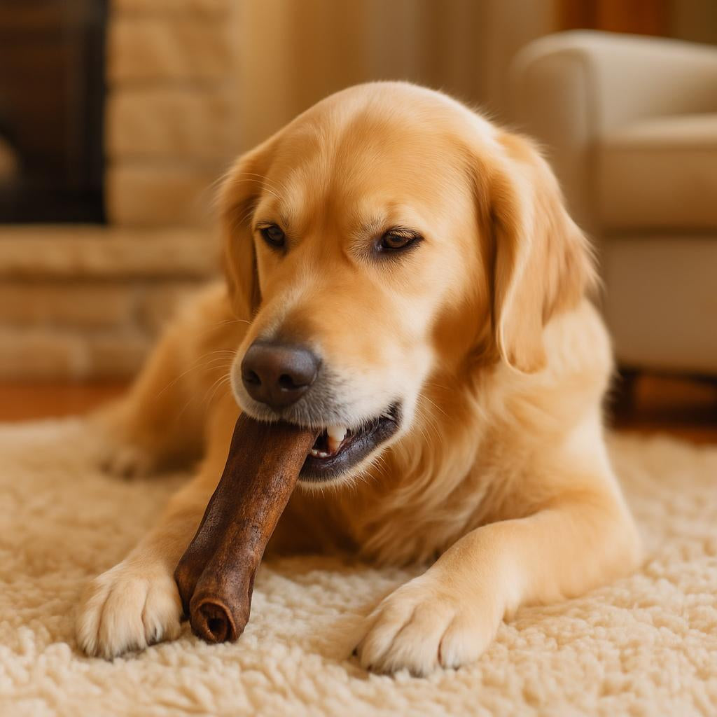 Golden Retriever chewing on a camel skin dog chew for healthy and enjoyable chewing
