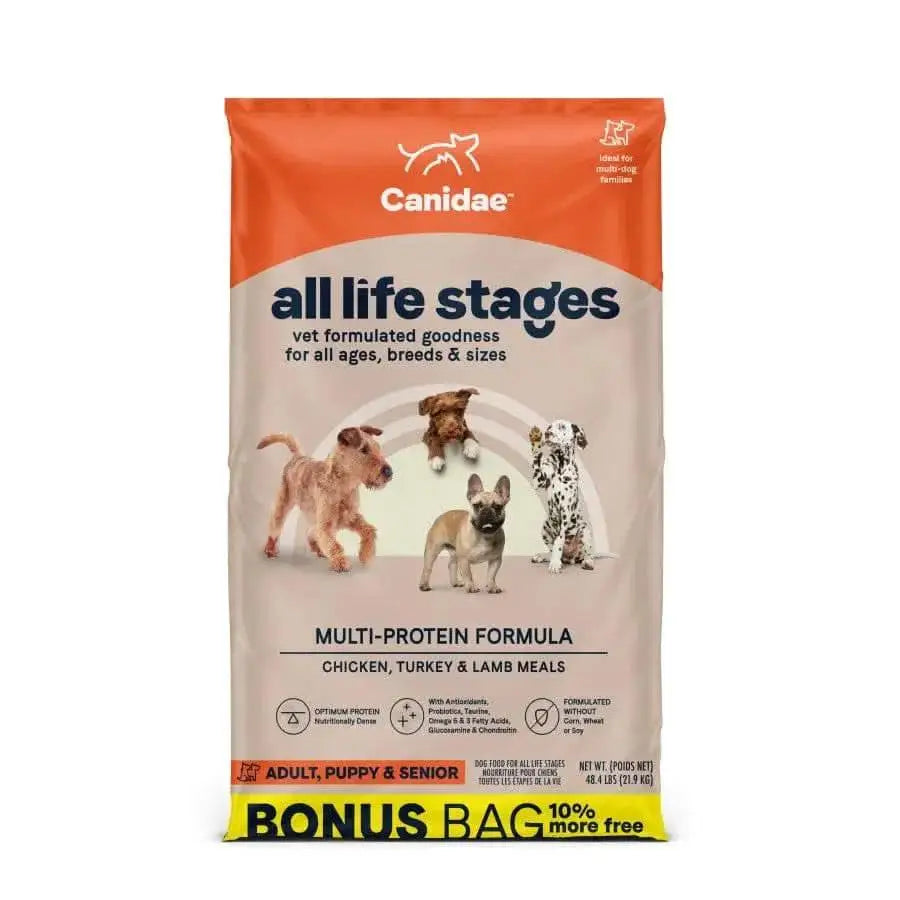 A bag of CANIDAE All Life Stages Multi-Protein Formula Dry Dog Food, featuring chicken, turkey, lamb & fish meals for adult, puppy, and senior dogs. Package shows various dog breeds and highlights premium ingredients.
