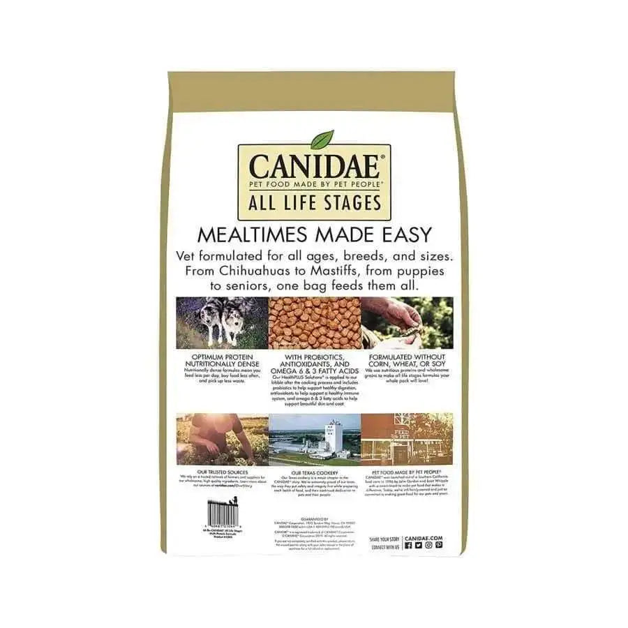 A bag of CANIDAE All Life Stages Multi-Protein Formula Dry Dog Food (Chicken, Turkey, Lamb & Fish Meal) shows dogs and icons that highlight premium ingredients and nutritional benefits for all ages, breeds, and sizes.