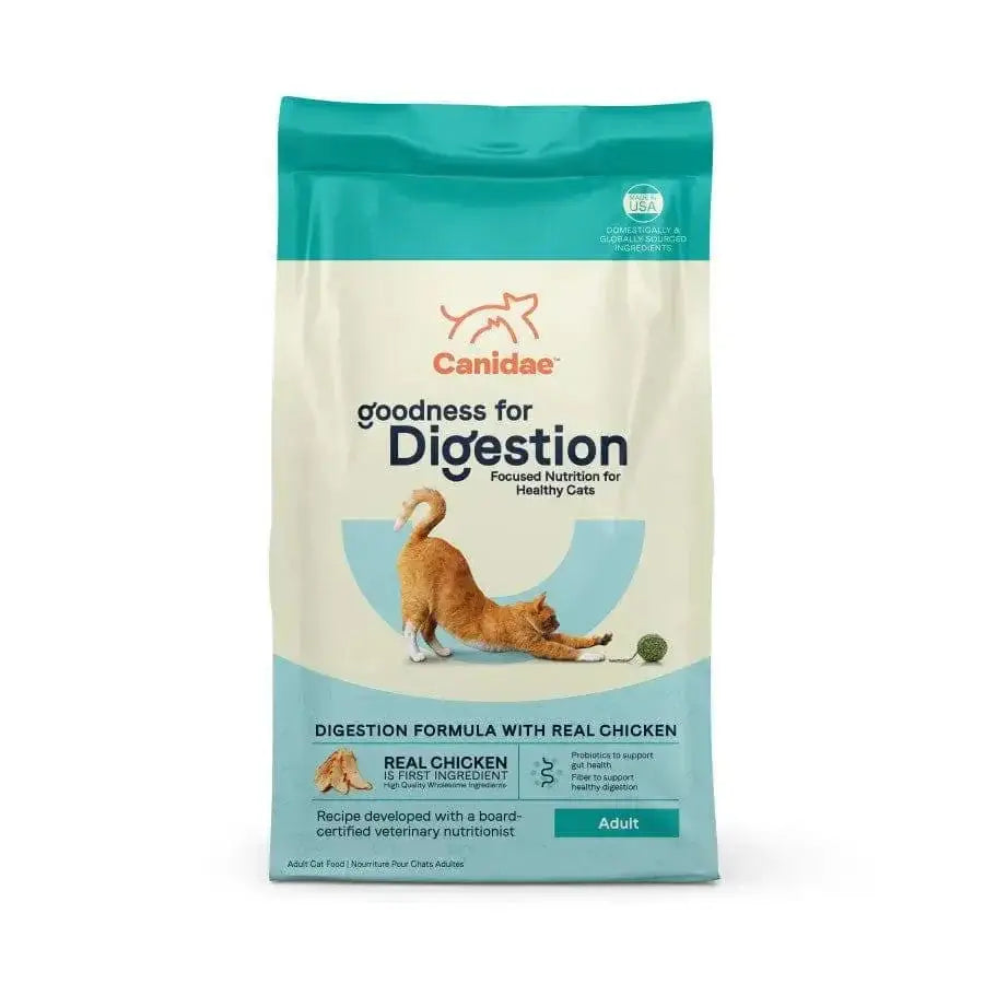 A bag of CANIDAE Goodness for Digestion Formula with Real Chicken Dry Cat Food features an orange cat stretching on the front and is made with high-quality ingredients to support healthy adult cats digestive health.