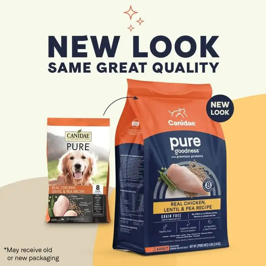 Two bags of CANIDAE PURE Grain-Free Real Chicken, Lentil & Pea Recipe Dry Dog Food are shown. The left bag features a dog; the right shows new chicken artwork. Text says “New Look, Same Great Quality” from trusted CANIDAE.