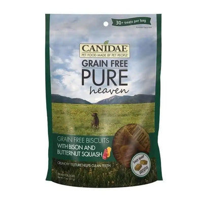 A green and white CANIDAE PURE Heaven Grain-Free Biscuits with Bison & Butternut Squash dog treat bag shows a dog in a grassy field and images of the biscuits.