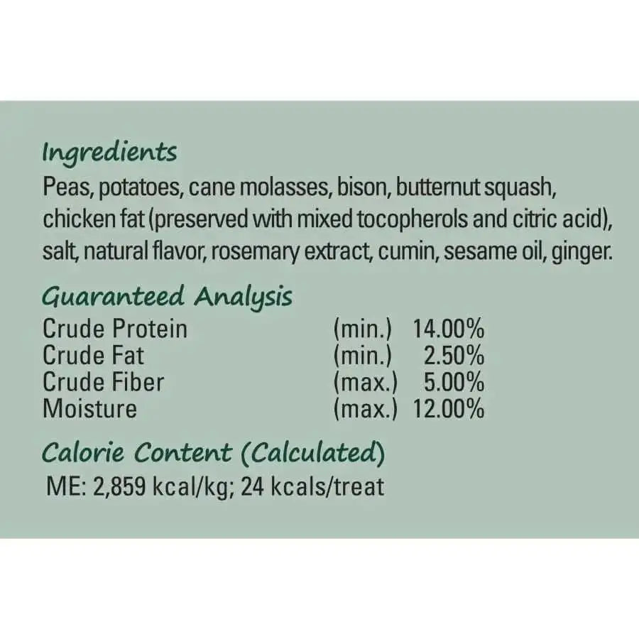 CANIDAE PURE Heaven Grain-Free Biscuits with Bison & Butternut Squash Healthy Dog Treats feature a label listing ingredients, guaranteed analysis for crude protein, fat, fiber, moisture percentages, plus calorie content per kilogram and per treat.
