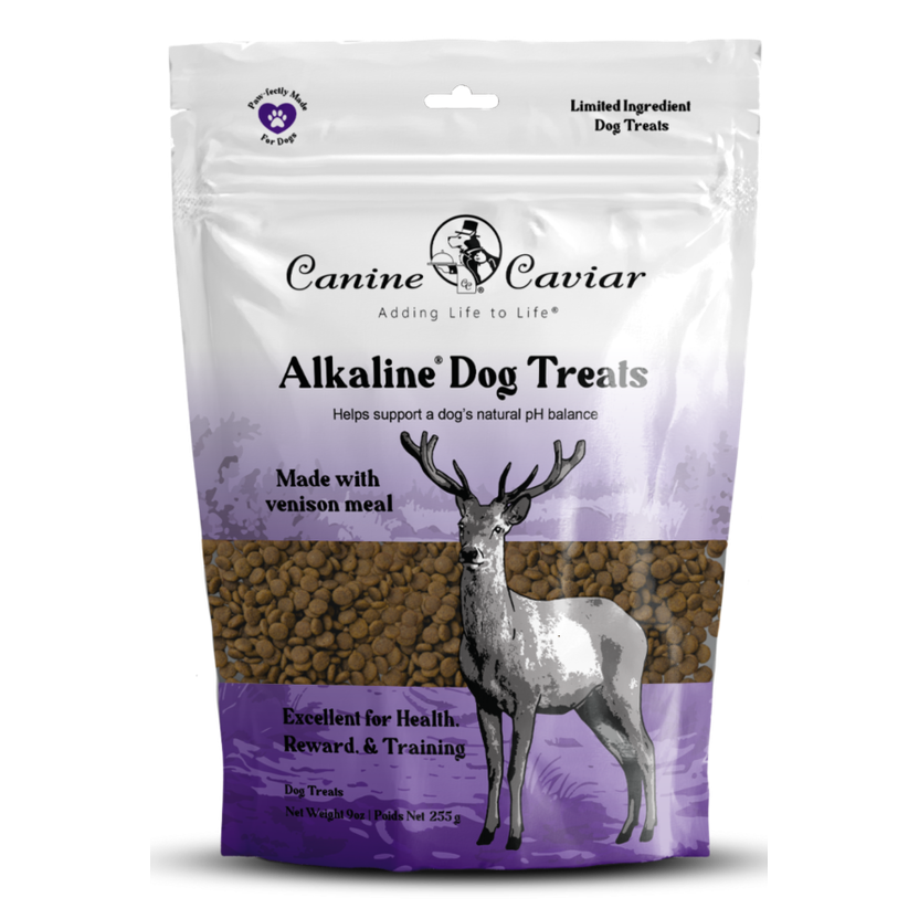 Canine Caviar Alkaline Venison Dog Treats in a resealable bag with venison meal for health and training