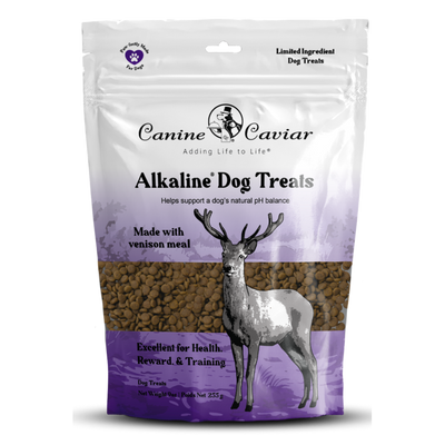 Canine Caviar Alkaline Venison Dog Treats in a resealable bag with venison meal for health and training