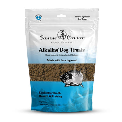 Canine Caviar Alkaline Dog Treats in a bag made with herring dog treats for healthy digestion