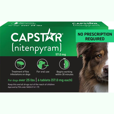 Capstar flea tablet for large dogs, treats flea infestations in dogs over 25 lbs within 30 minutes