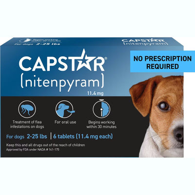 Capstar flea tablets for small dogs in a box containing six 11.4 mg tablets for effective flea treatment