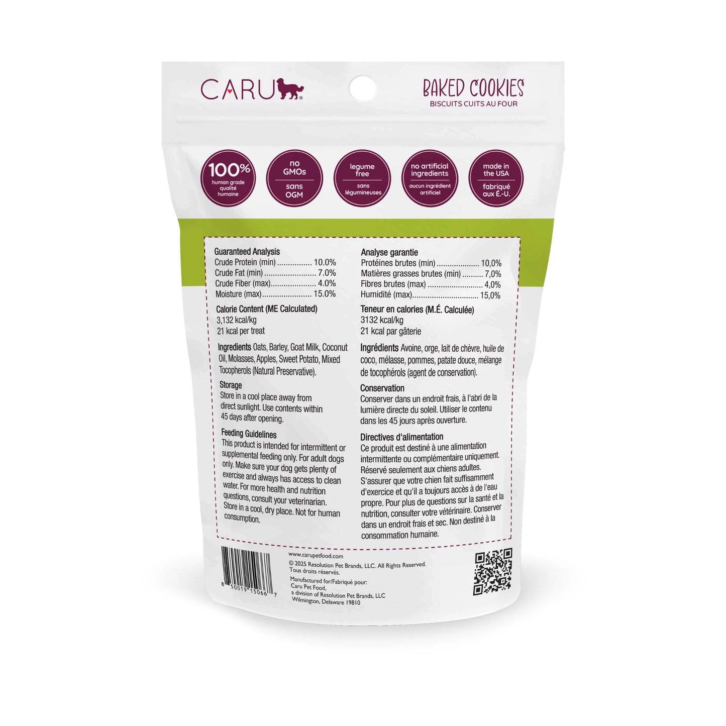 Caru Pet Food apple and sweet potato dog cookies in a resealable bag with nutritional information