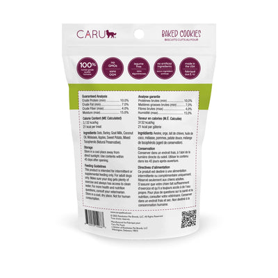 Caru Pet Food apple and sweet potato dog cookies in a resealable bag with nutritional information