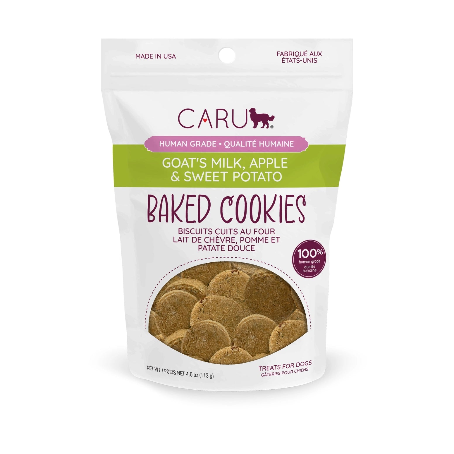 Caru Pet Food Goat's Milk, Apple and Sweet Potato Dog Cookies in a resealable bag