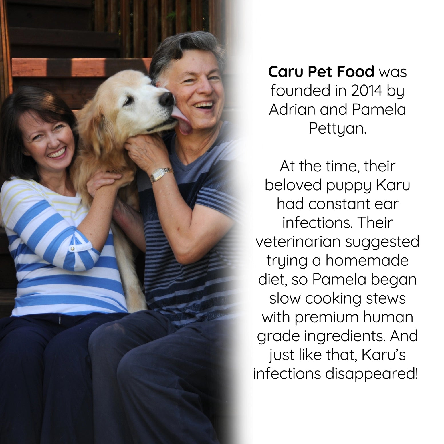 Caru Pet Food founders Adrian and Pamela with their dog, celebrating their baked cookie dog treats.